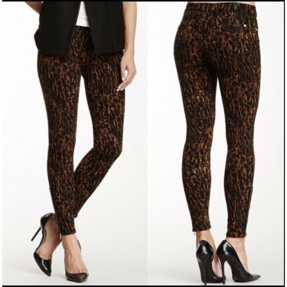 7 For All Mankind Leopard Print Ankle Zip Skinny Jeans Black Brown Size 25